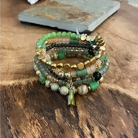 Modern Boho Green Stone & Acrylic Bracelet Stack - Picture 1 of 7